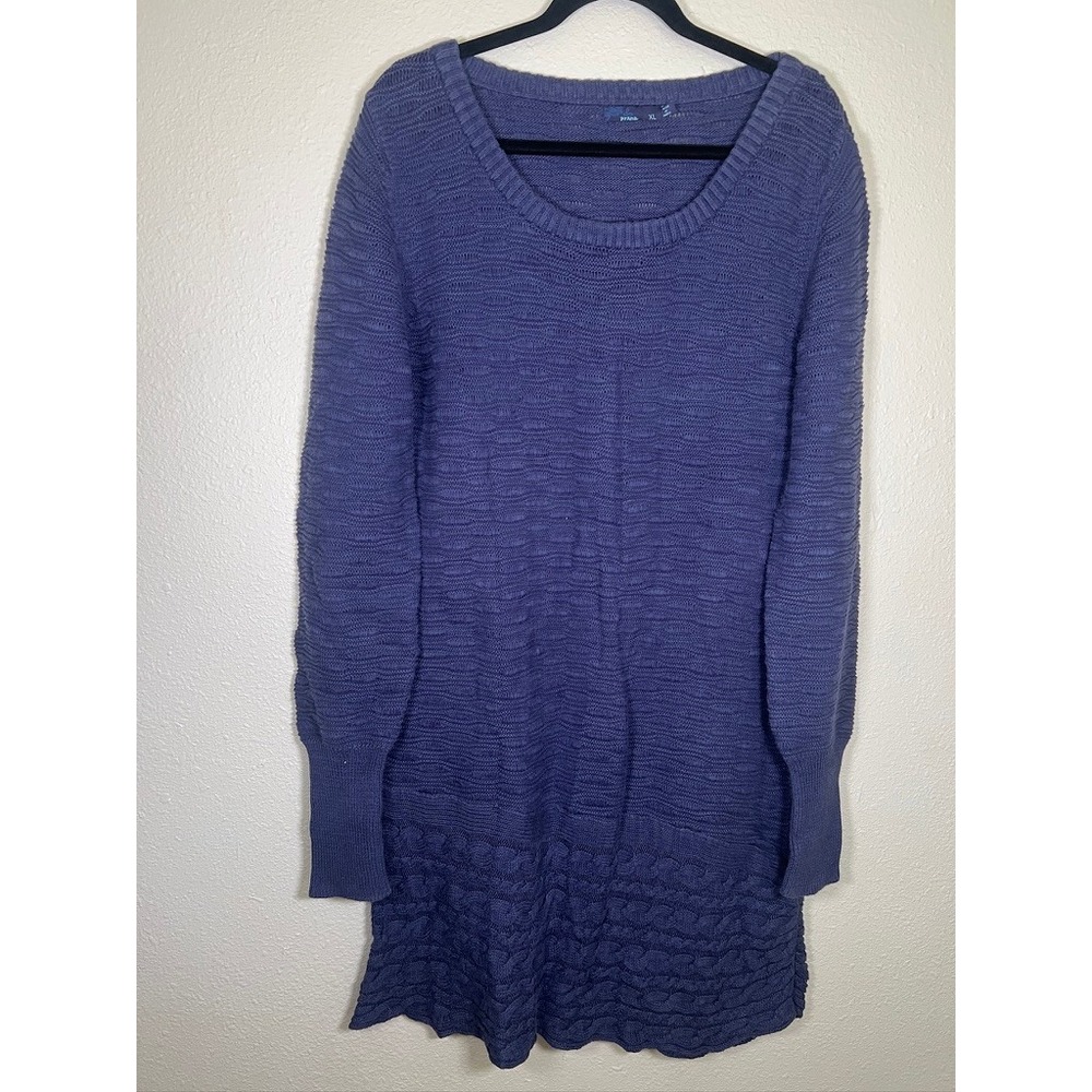 prAna Textured Wave Knit Tunic Sweater XL Purple Blue Cable Knit Hem Long Sleeve
